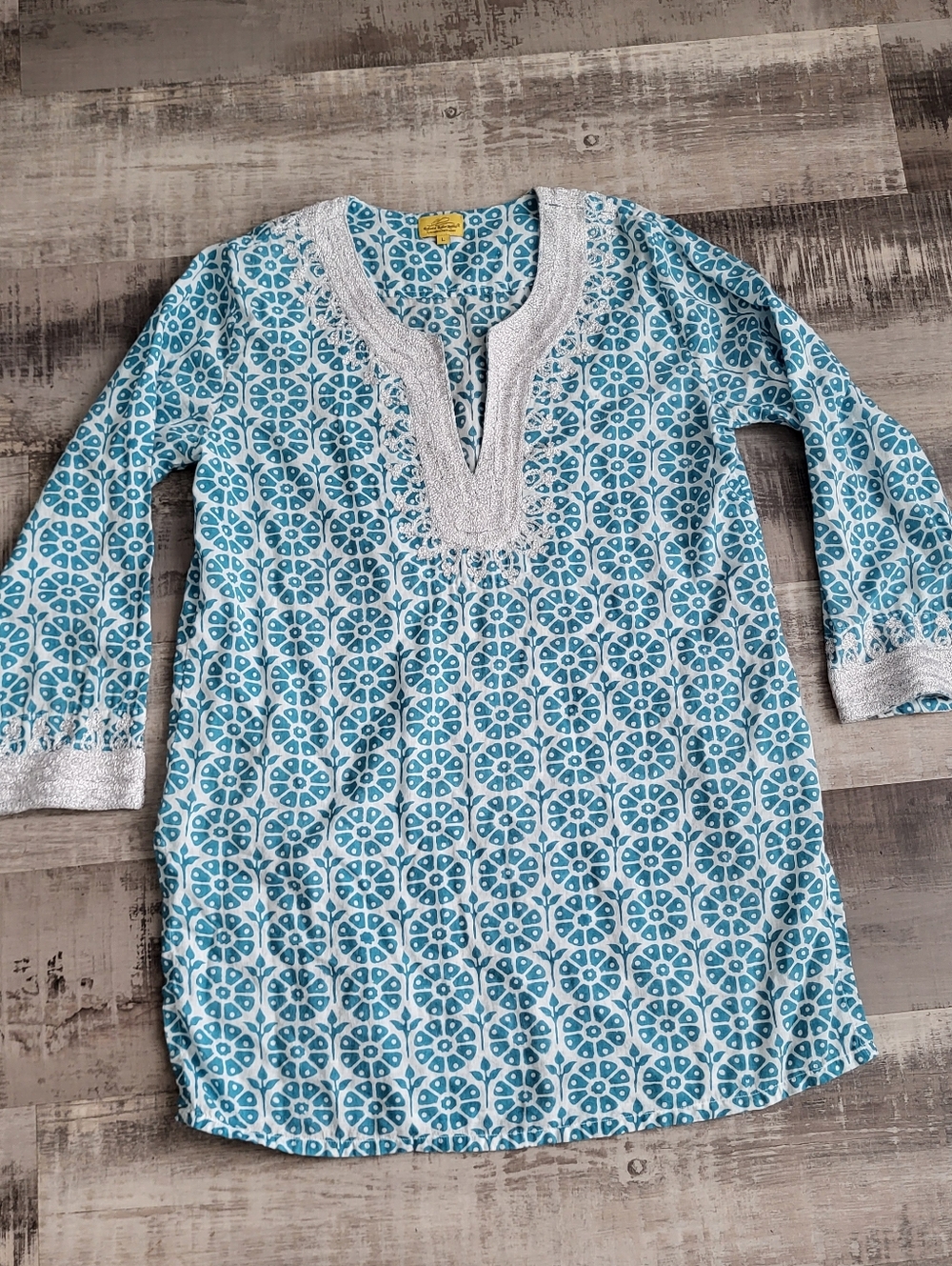 Roberta Roller Rabbit Kurta Pintuck Resortwear Tunic Top Large Embroidered